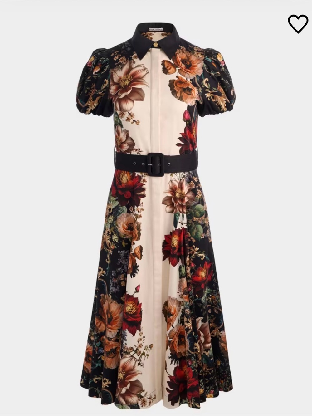 Alice + Olivia Black & Cream Floral Radiance Midi Dress with Puff Sleeves